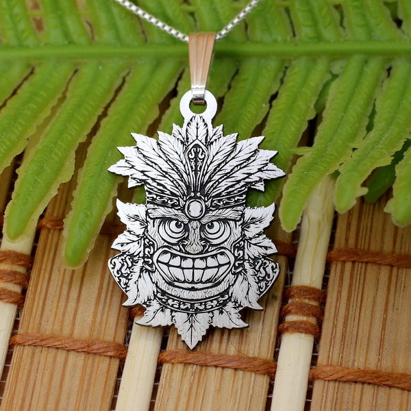 Collier Tiki Tropical | Totem Pole Masque Pendentif | Collier Maori en argent | Bijoux pour hommes | Don pour lui | Cadeau de fête des pères