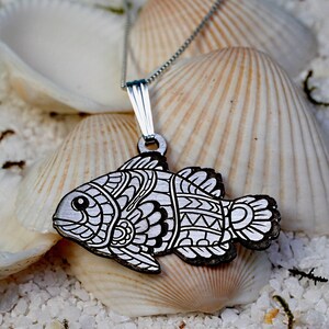 Cute Clownfish Necklace, Silver Fish Pendant, Minimalist Zentangle Jewelry, Good Luck Charm, Gift For Her, Ocean Lover Jewelry image 1