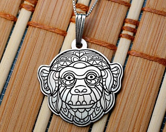 Sterling Silver African Gorilla Necklace, Handmade Angry Gorilla Men Pendant, Solid Silver African Jewelry, Gorilla Mens Necklace With Chain