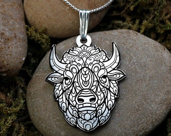 Silver Buffalo Necklace, Animal Bison Charm Pendant, Nature Lover Jewelry, Detailed Engraving Charm, Zentangle Necklace