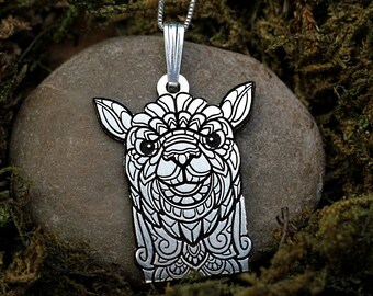 Zentangle Llama Necklace, Sterling Silver Exotic Animal Pendant, Cute Alpaca Necklace, Mama Llama Jewelry