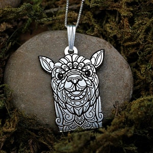 Zentangle Llama Necklace, Sterling Silver Exotic Animal Pendant, Cute Alpaca Necklace, Mama Llama Jewelry