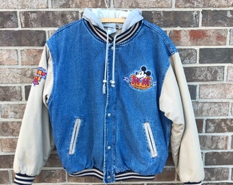 vintage denim varsity jacket with khaki sleeves