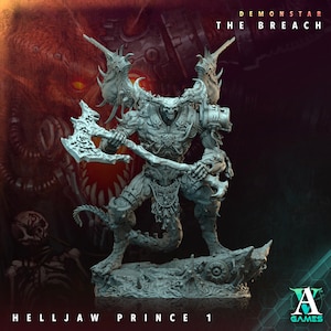 May include: A gray plastic miniature of a demon prince with multiple horns, a large axe, and a tail. The miniature is standing on a rocky base. The text "Demonstar The Breach Helljaw Prince 1" is visible below the miniature.