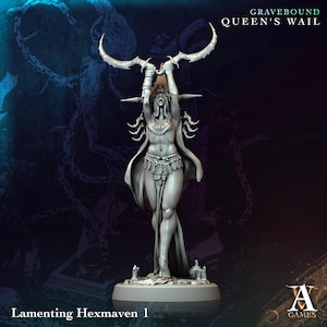 May include: A grey painted miniature figurine of a woman holding a staff with a skull at the top. The woman is wearing a skirt and a cloak. The base of the figurine is round and has the text "Lamenting Hexmaven 1" on it. The text "GRAVEBOUND QUEEN'S WAIL" is at the top of the image.