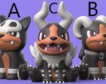 May include: Three stylized dog figurines in black, brown, and white, each with unique features. The figurines are sitting with their legs extended. The background is a solid purple color. The figurines are labeled A, B, and C.
