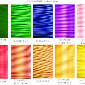 Op de afbeelding: Tien spoelen filament voor 3D-printen in verschillende kleuren, waaronder groen, blauw, paars, roze, rood, oranje, geel, goud, brons en glow-in-the-dark. Het filament is gerangschikt in rijen, waarbij elke spoel is gelabeld met een nummer en een beschrijving.