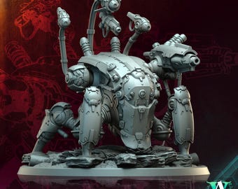 May include: A gray, detailed, articulated, modular, plastic model of a futuristic robot with multiple weapons and a large head. The robot is standing on a gray base. The text "ATOMCORE CONCLAVE" is in the upper right corner of the image. The text "ATOMCORE FORTRESS (MODULAR)" is at the bottom of the image.