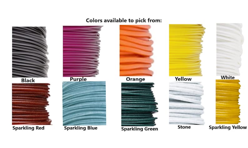 May include: A selection of ten different colors of cord, including black, purple, orange, yellow, white, sparkling red, sparkling blue, sparkling green, stone, and sparkling yellow.  Colors available to pick from.