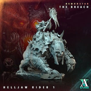 May include: A gray, detailed miniature of a demon rider on a helljaw, a monstrous creature with sharp teeth and claws. The rider is holding a flag with a skull and crossbones design. The miniature is part of the Demonstar The Breach game.