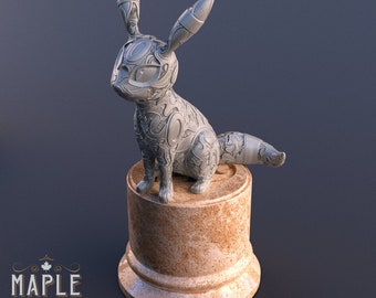 May include: A gray, detailed, 3D printed figurine of a Pokemon character, Eevee, sitting on a brown pedestal. The figurine has a intricate, patterned design.