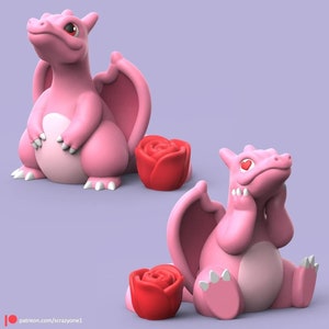 Impresión 3D de Charizard de Kanto para el Día de San Valentín y la Madre con diseño de rosas y corazones, múltiples opciones de filamento, piezas de fácil montaje, edición limitada