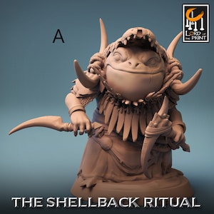 May include: A detailed miniature figurine of a frog-like creature with horns, wearing armor and holding a dagger. The figurine is painted in a light brown color and has a textured surface. The figurine is titled "The Shellback Ritual".