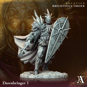 Op de afbeelding: Een grijs plastic miniatuurfiguur van een krijger die een harnas draagt en een schild en een wapen vasthoudt. De krijger staat op een grijze basis. Het figuur maakt deel uit van de Solstice Brightsoul Order Dawnbringer 1 collectie.