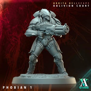 Puede incluir: Una figura en miniatura de plástico gris de un soldado futurista sosteniendo una gran arma. La figura está de pie sobre una base redonda. El texto "ORBITA HELLSCAPE OBLIVION COURT PHOBIAN 1" está impreso debajo de la figura.