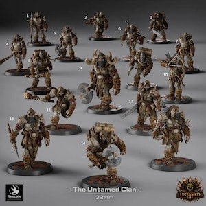 May include: A collection of 15 miniature figures from "The Untamed Clan", each with a unique design. The figures are primarily brown and tan, with various weapons and armor. The base of each figure is a dark brown color. The text "The Untamed Clan" and "32mm" is visible.
