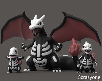 May include: Three 3D printed skeleton Pokemon figures. The largest figure is a black and white Charizard with red wings. The medium figure is a black and white Charmeleon with a red flame tail. The smallest figure is a black and white Charmander with a red flame tail.