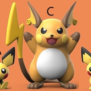 May include: Three yellow Pokemon figures, one large and two small. The large figure is a Pikachu with a yellow body, brown ears, and a black lightning bolt tail. The two smaller figures are Pikachu with yellow bodies, brown ears, and black tails.