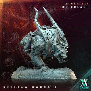 May include: A gray, detailed miniature of a Helljaw Hound, a monstrous creature with mechanical parts and horns, from the Demonstar The Breach game. The miniature is posed in a dynamic stance, with its head turned to the side and its mouth open in a menacing snarl.