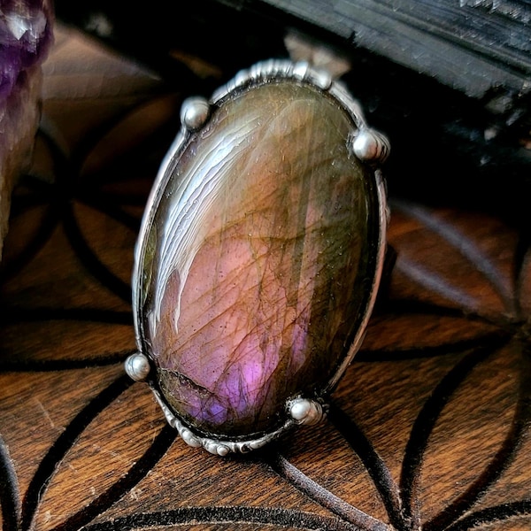 Labradorite Purple oval adjustable Tiffany technique ring one of a kind witchy gift handmade holiday gift for her