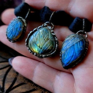 Petite Hand carved labradorite leaf velvet chokers forest witch talisman amulet handmade one of a kind spiritual jewelry earth magic