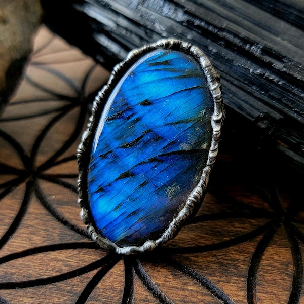 Labradorite LARGE oval adjustable Tiffany technique ring Blue Morph butterfly one of a kind gift for her witchy jewelry handmade third eye