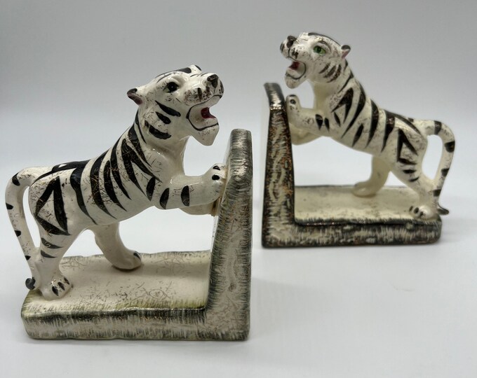 Vintage White Tiger Bookends, Ceramic Bookends, Vintage Bookends, Tiger