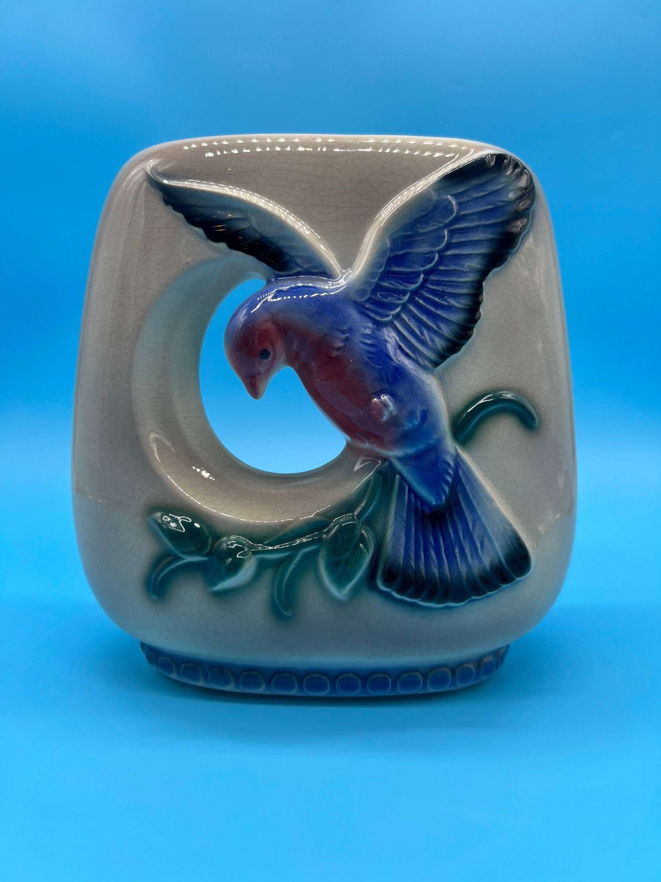 青い鳥の手描き陶器花瓶　アンティーク Bluebird vase - Etsy 日本