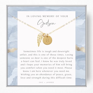 Godson Memorial Gift Necklace • Grief Gift • Loss Keepsake • 9mm Disc + Angel Wing • 14k Gold Filled and Sterling Silver