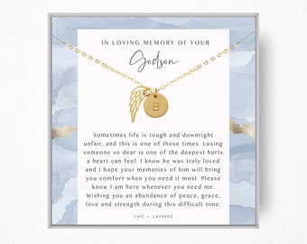 Godson Memorial Gift Necklace • Grief Gift • Loss Keepsake • 9mm Disc + Angel Wing • 14k Gold Filled and Sterling Silver