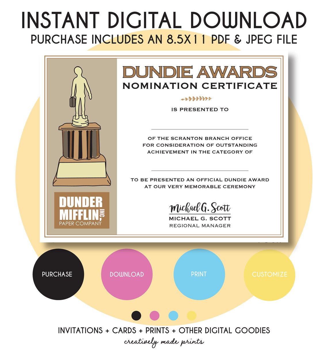 Dundie Awards Certificate Instant Digital Download 8.5x11 Etsy