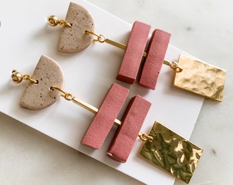CHER - Mauve & Stone | Polymer Clay Statement Earrings, Geometric Earrings, Handmade Earrings
