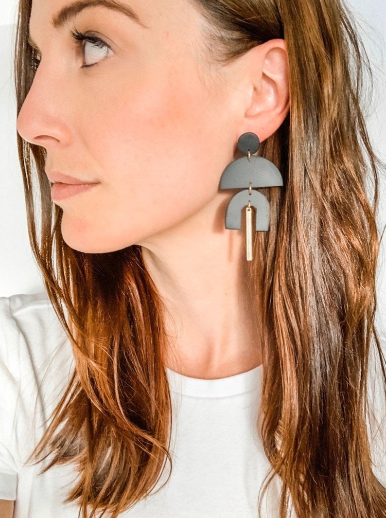 Modern Earrings Solid Black KATALINA Geometric Earrings Polymer Clay Statement Earrings
