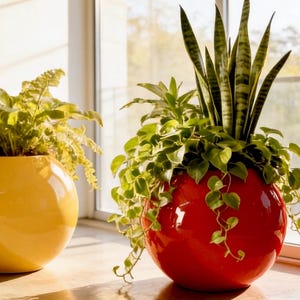 May include: Two spherical planters, one glossy yellow and one glossy red, each containing lush green foliage. The yellow planter holds a leafy fern, while the red planter features a tall snake plant surrounded by trailing vines near a window.
