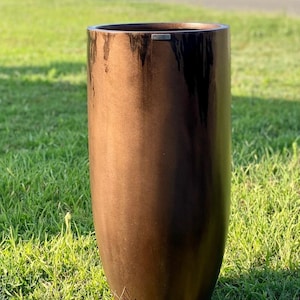 Tall Antique Bronze Fiberglass Planter: Modern Round Garden Decor