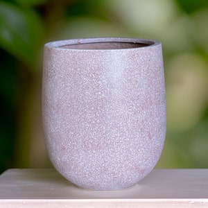 May include: A light gray ceramic planter with a speckled finish. The planter has a rounded shape and a smooth, matte surface.