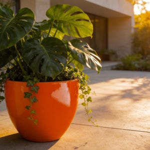 Glossy Orange Fiberglass Planter: Modern Round Home  Garden Pot, 17-24 Inches