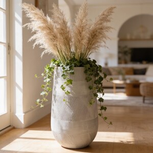 Tall Round Fiberglass Planter With Stripe textures Home & Garden Decor Pot- Black and Paige