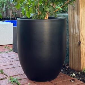 Matte Black Fiberglass Planter: Modern Round Garden Pot
