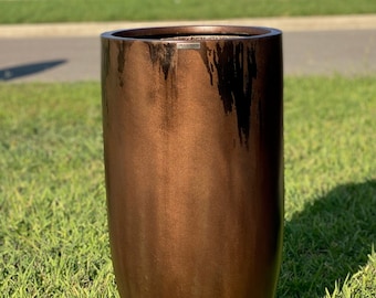 25-37 Inches Unique Tall Fiberglass Planter, Round Tall Home - Garden Planter, Finished In Antique Bronze