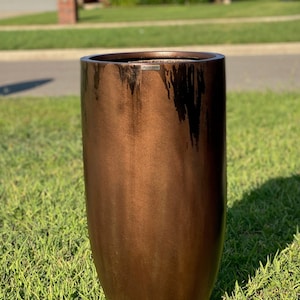 Tall Antique Bronze Fiberglass Planter: Modern Round Garden Decor