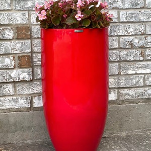 Gloss Red Fiberglass Planter: Tall Round Contemporary Garden Pot