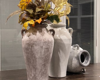 14 Inches tall - Concrete handmade vase with handles, beautiful finishing in multiple colors as white rust, gray rust, clay rust