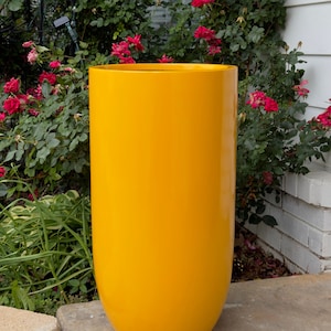 Gloss Yellow Fiberglass Planter: Tall Round Home & Garden Decor