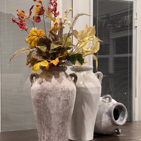 Handmade Concrete Vase: 14" Rustic Jar with Handles