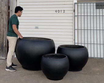 XXL 22 - 43 Inches Fiberglass commercial planter, Beautiful plant pots, garden - home - public decoration - Black matte color.