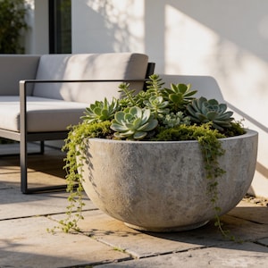May include: A large, round, concrete planter filled with various green succulents and moss. The planter sits on a stone patio, with a light-colored outdoor sofa in the background. The planter's diameter is approximately 30 inches.