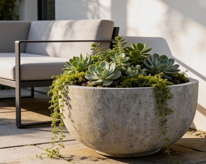 Old Stone Fiberglass Garden Planter: 22-31 Inch Farm Pond Bowl