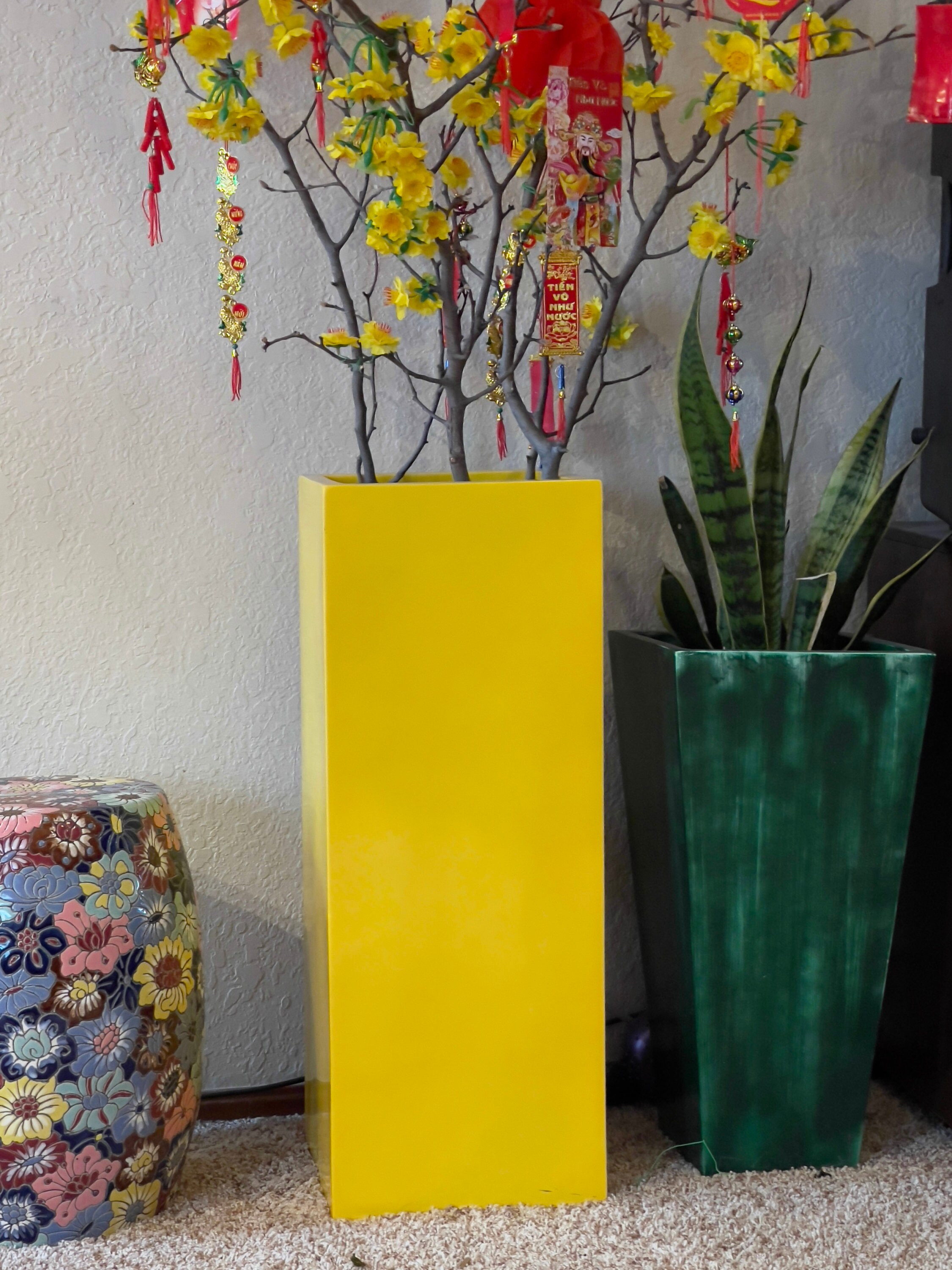 20-27 Inches Tall Fiberglass Planter in Glossy Yellow, Beautiful