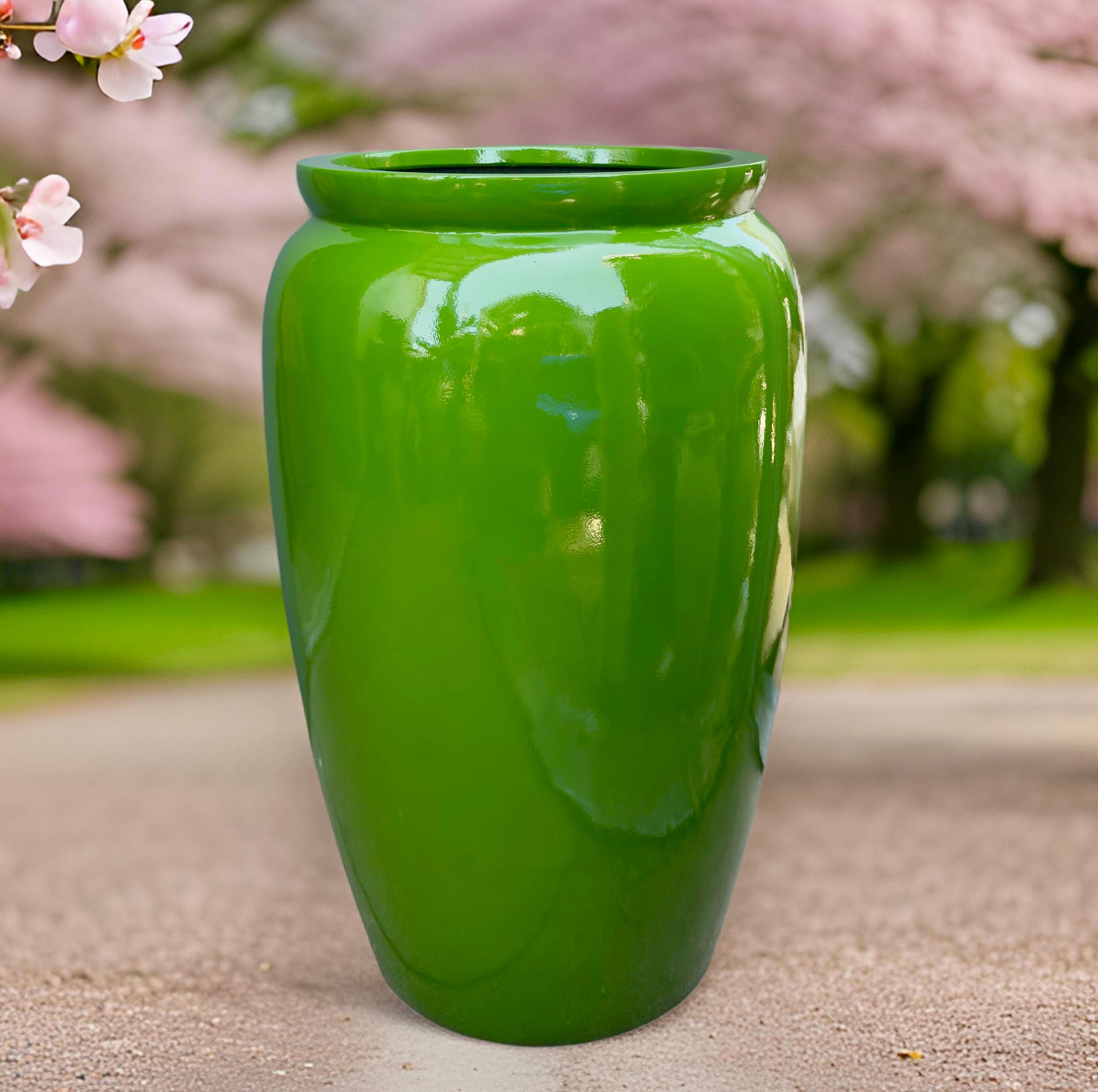Glossy Green Fiberglass Planter: Weather Resistant Garden Pot (20-27 Inches)
